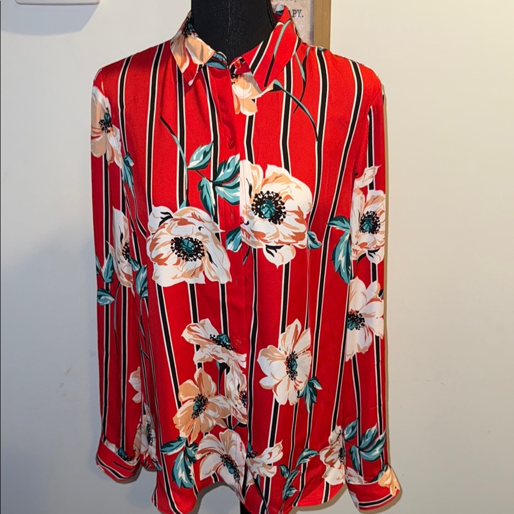 Floral Red Striped Women's Top